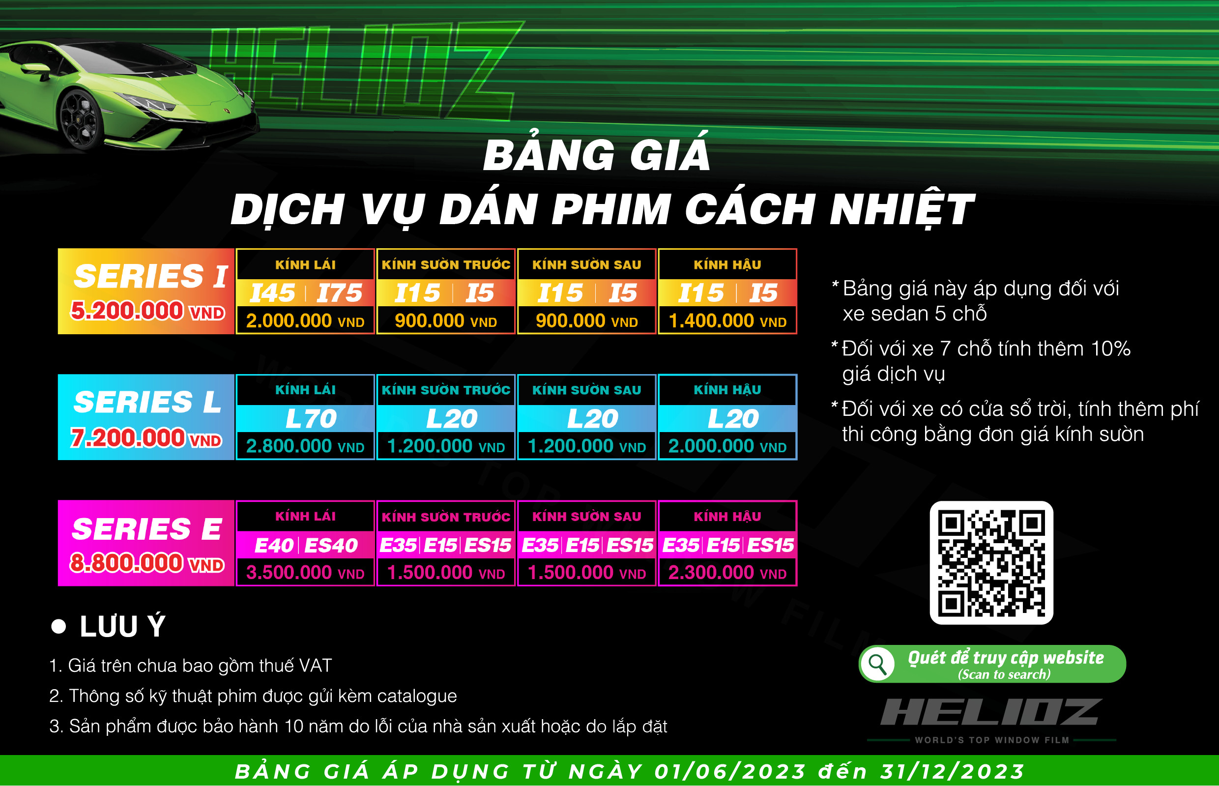 Bảng giá dịch vụ dán phim cách nhiệt Helioz tại Thái Thịnh Auto 